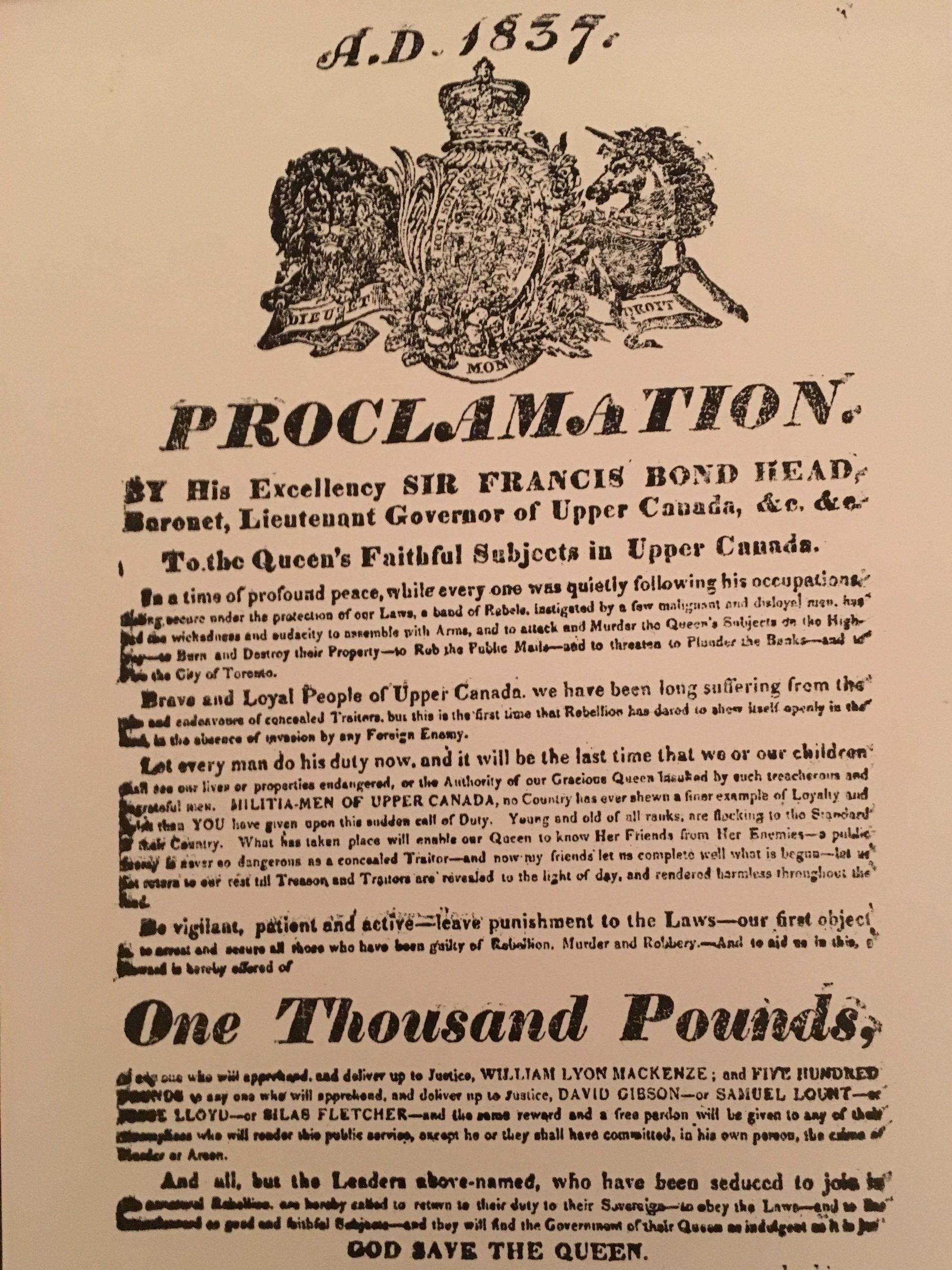 Historical proclamation offering a reward for William Lyon Mackenzie